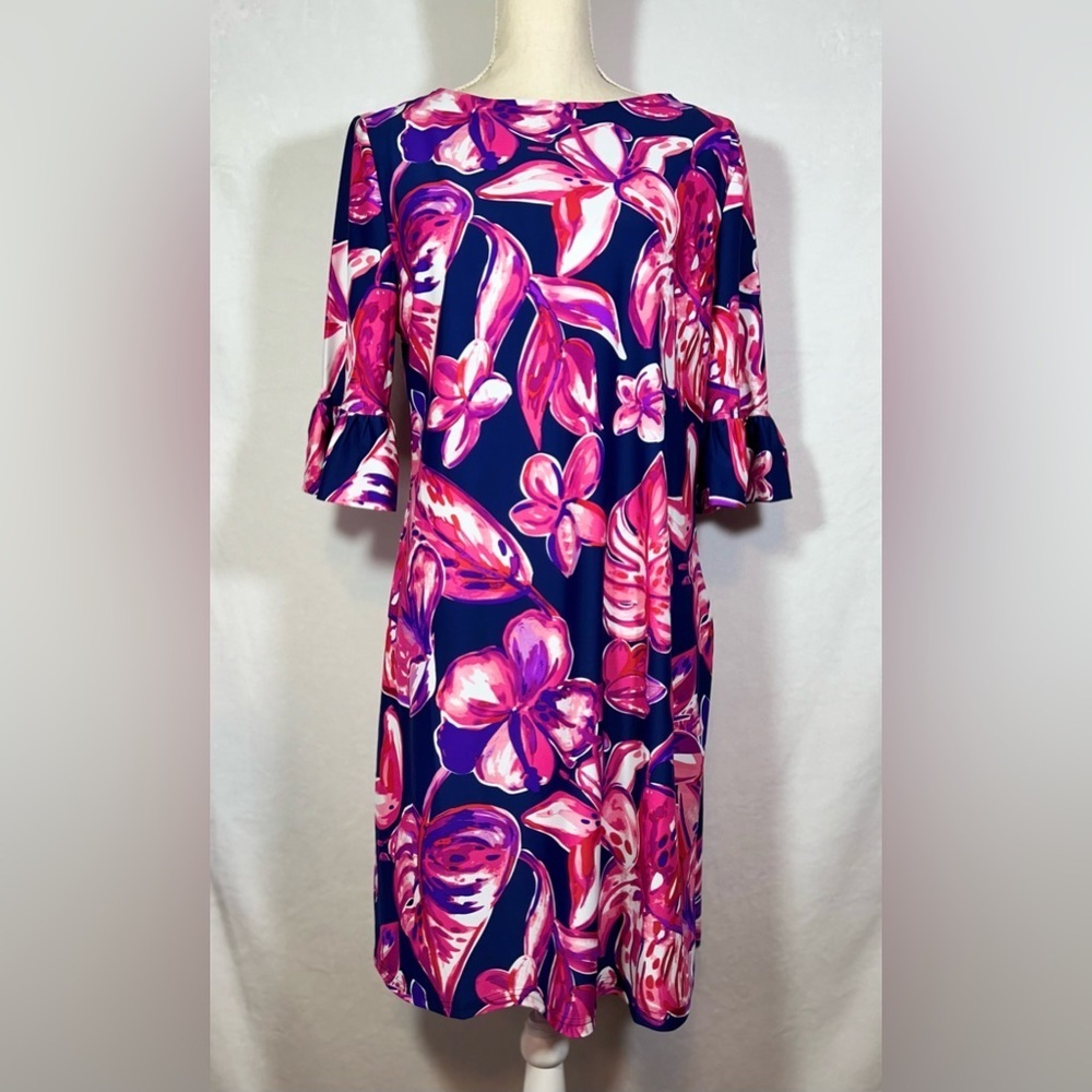 Aryeh NWT Elena Dress Women’s Size Large Ruffle Sleeve Vibrant Navy/Pink/Purple - Picture 9 of 9
